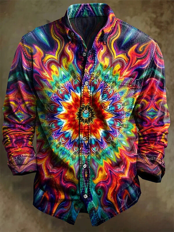 Men's Colorful Hippie Abstract Flower Kaleidoscope Print Long Sleeve Shirt