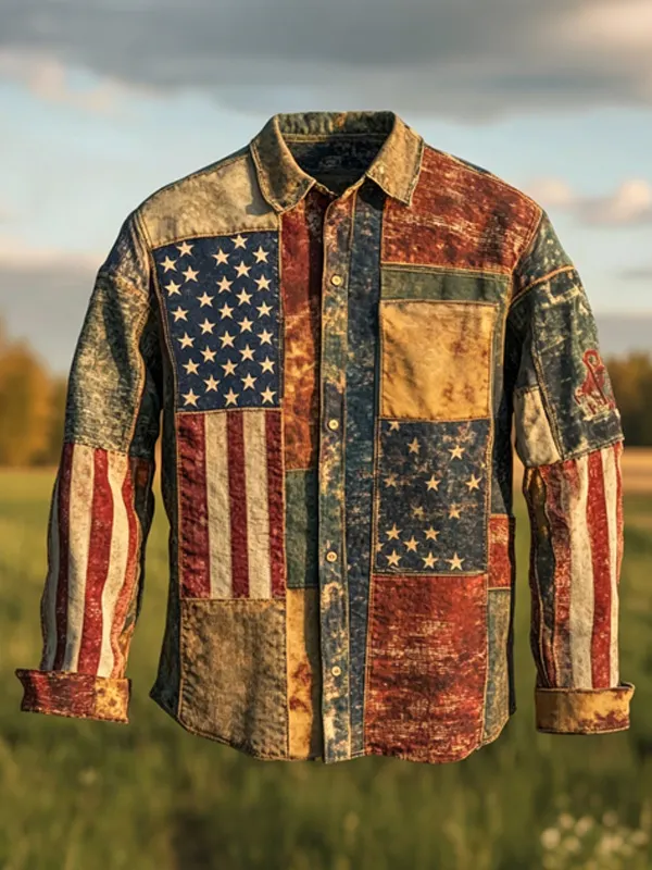 Men's Colorblock Stars and Stripes Print Long Sleeve Shirt