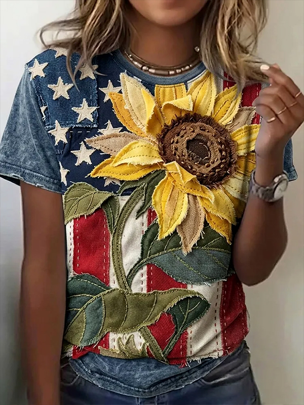 Women's American Flag Sunflower Patchwork Print Casual T-Shirt