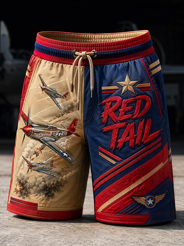 Men's Red Tail Fighter Plane Art Print Casual Shorts