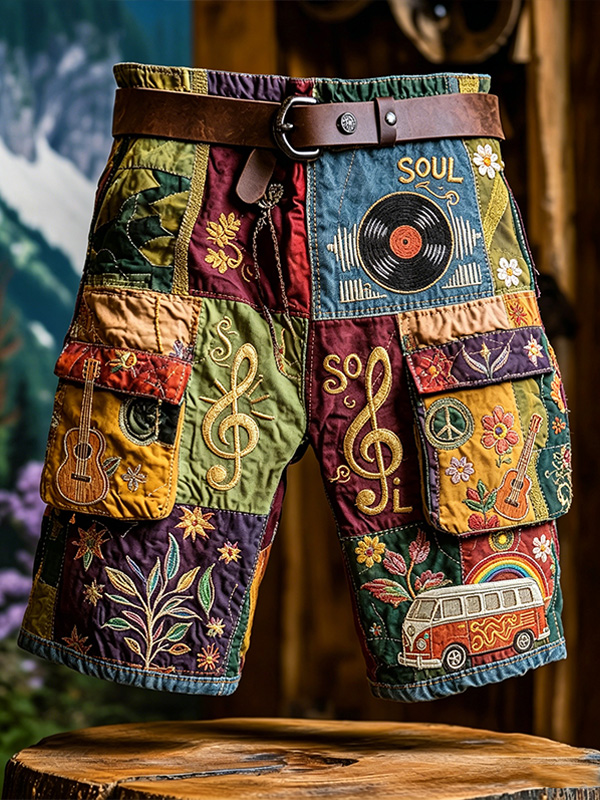 Men's Boho Music Patchwork Soul & Vinyl Hippie Art Print Casual Shorts