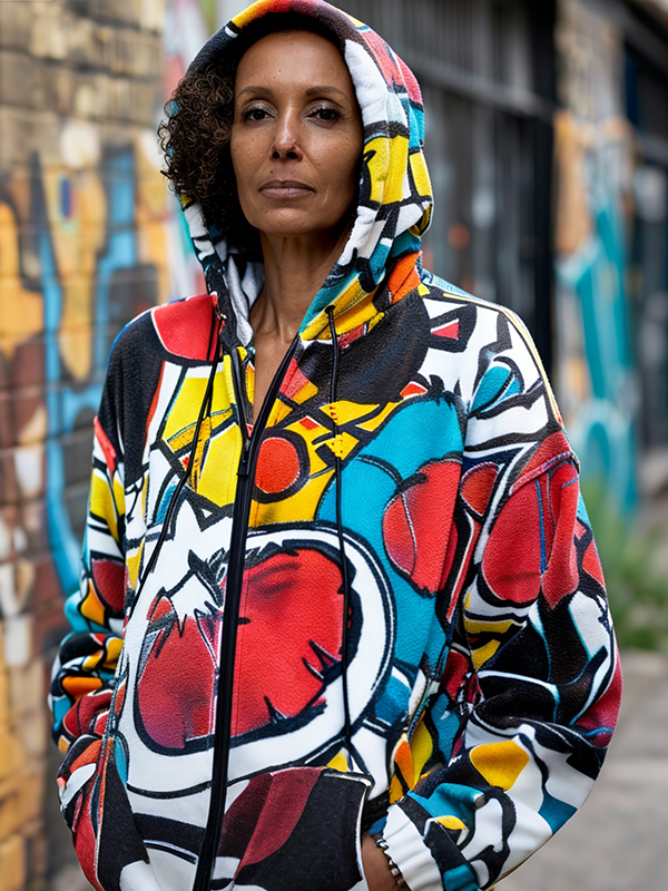Women's Colorful Abstract Graffiti Art Print Hooded Zip Up Jacket