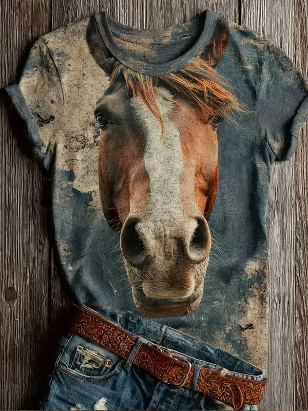 Women's Vintage 3D Horse Head Art Print Casual T-Shirt