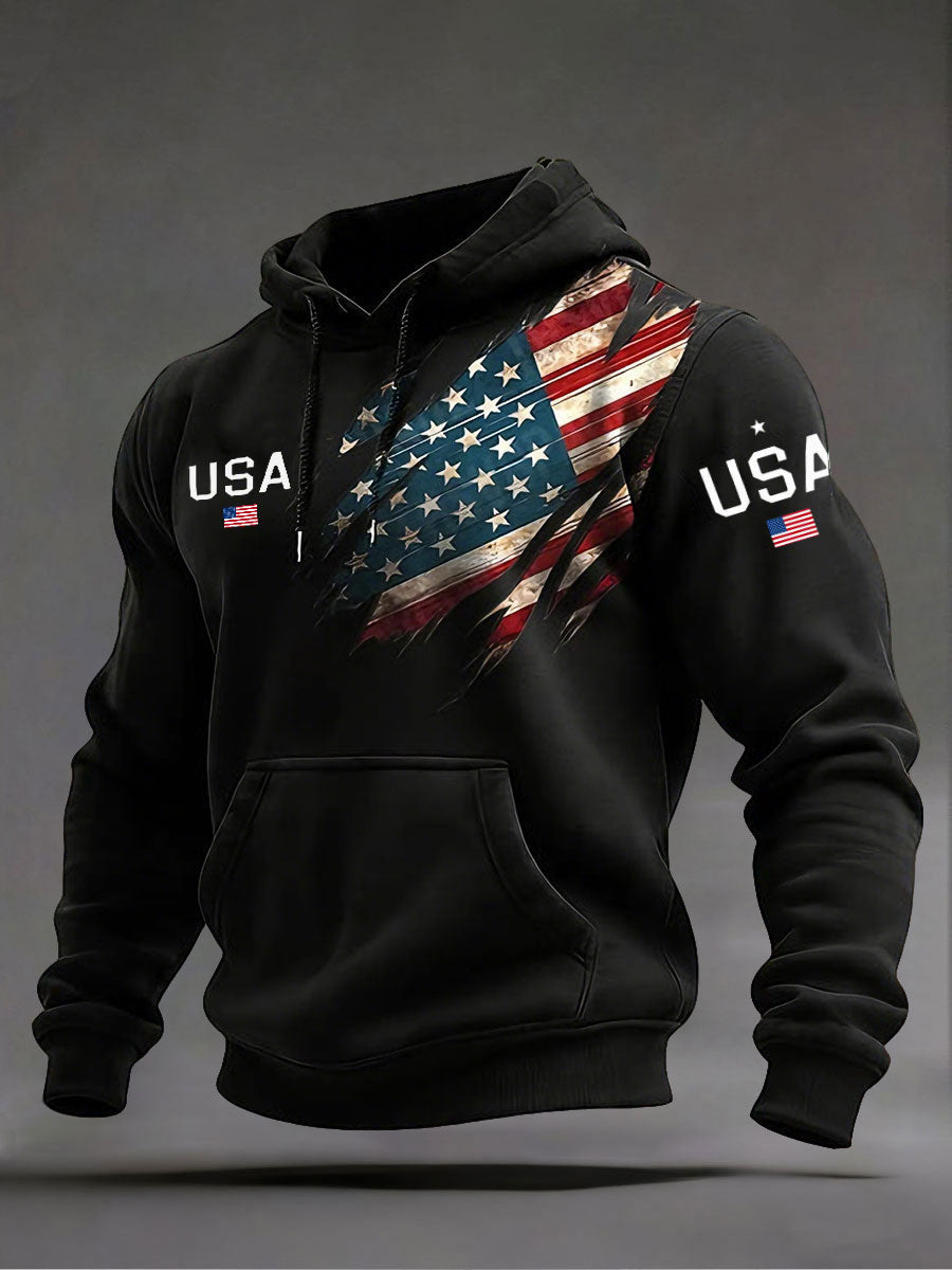 Men's American Flag USA Art Print Pocket Hoodie