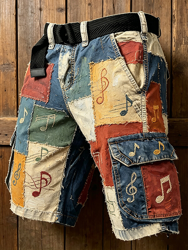 Men's Musical Note Color Blocks Oil Painting Texture Art Print Denim-Like Casual Shorts