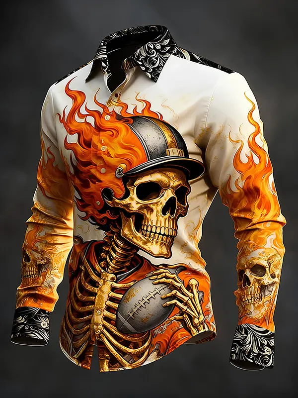 Men's Flaming Skeleton Football Player Skull Art Print Long Sleeve Shirt