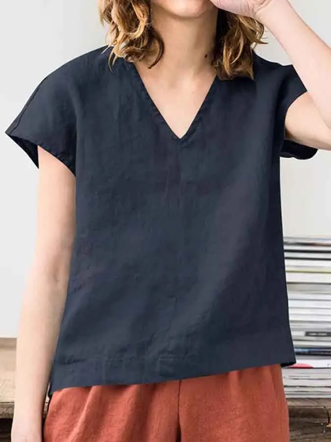 Women's Cotton Linen V-Neck Loose Simple Shirt