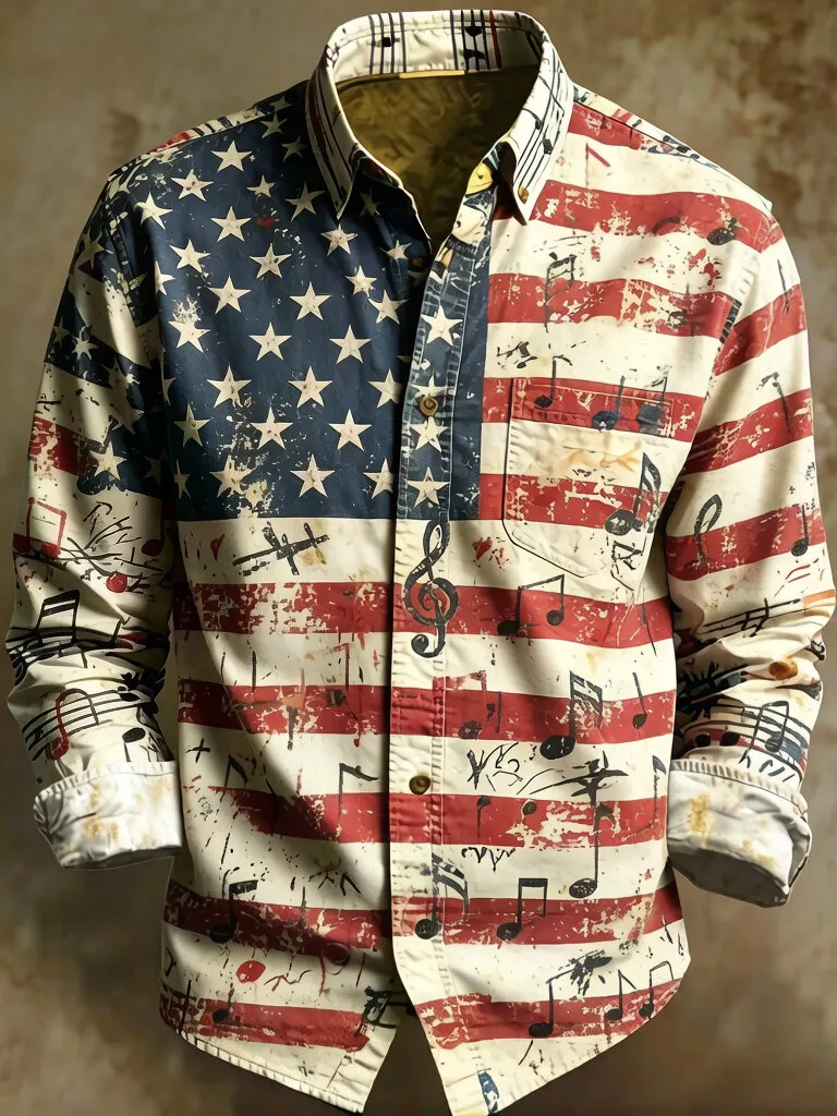 Men's Retro American Flag Pattern Long Sleeve Shirt