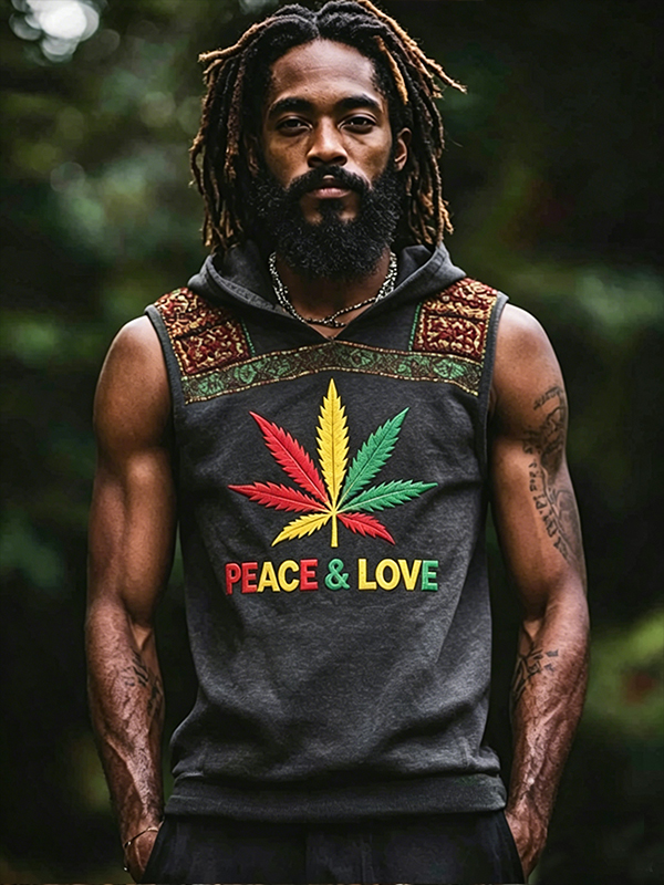 Men's Peace ＆ Love Leaf Hippie Art Print Hooded Tank Top