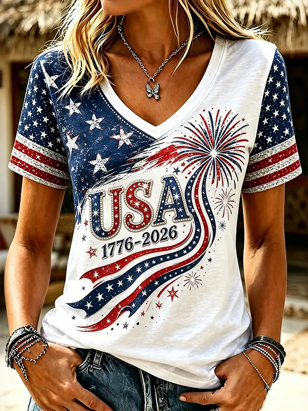 Women's Anniversary USA Fireworks Art Print V Neck Short Sleeve T-Shirt