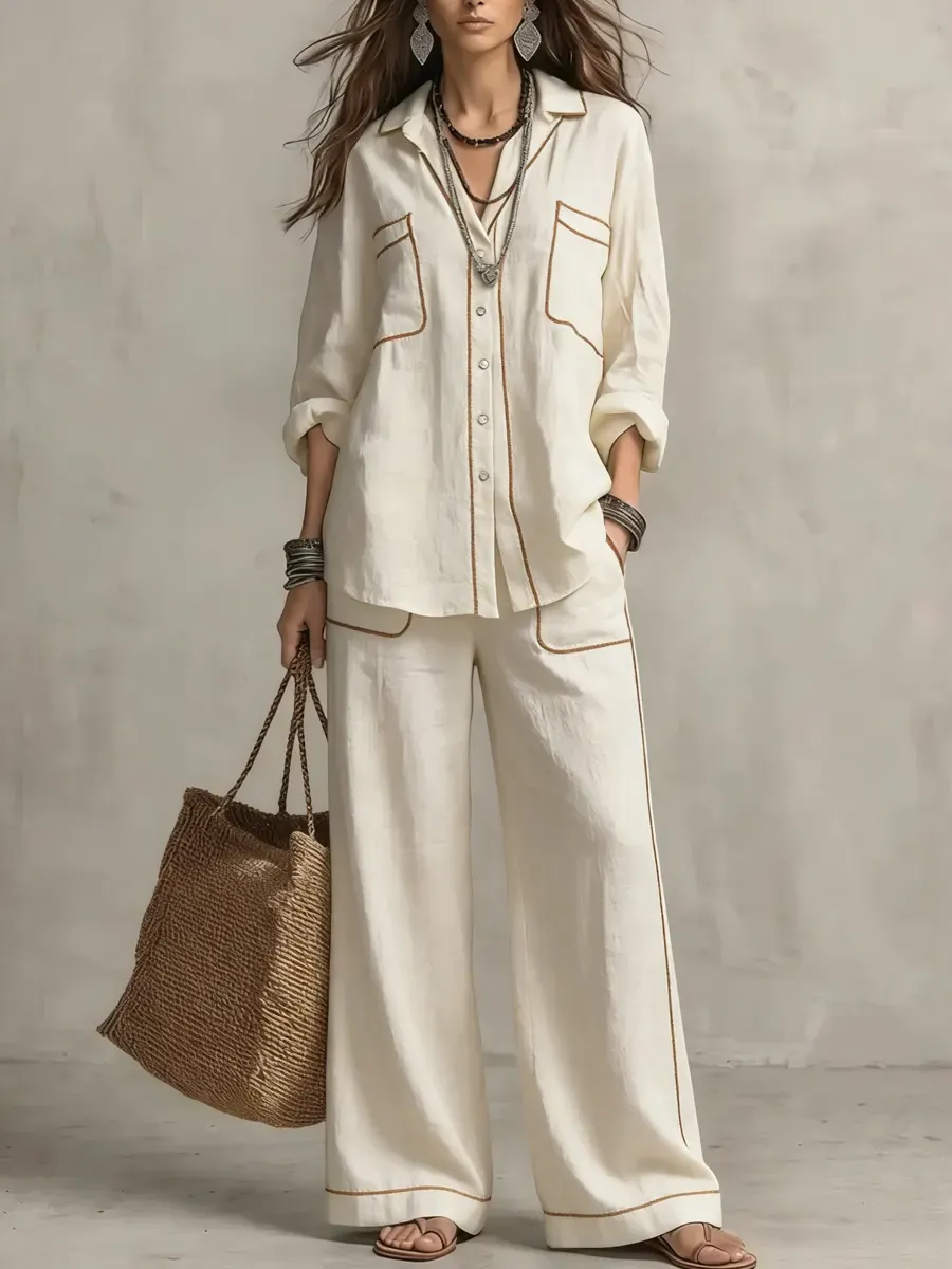 Women's Decorative Line Casual Cotton And Linen Wide-leg Pants Set