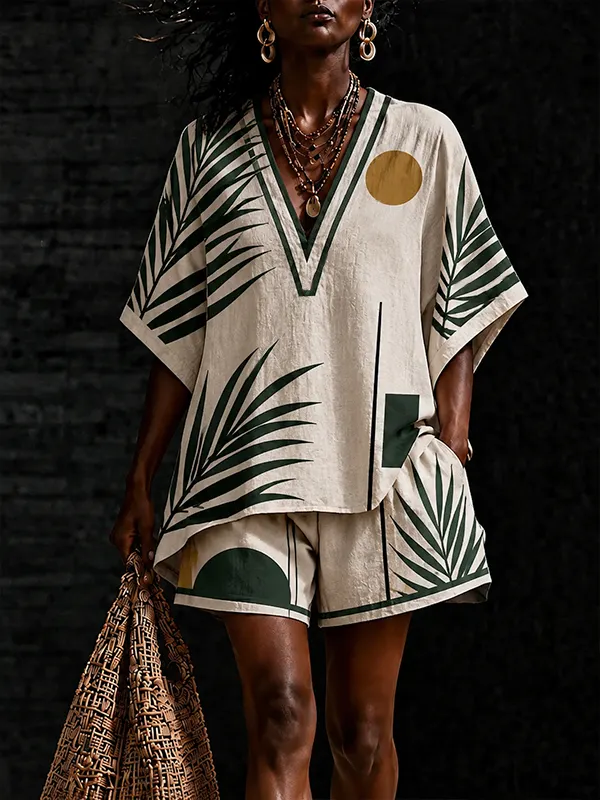 Women's Geometry Tropical Palm Leaves Print Deep V Neck Half Sleeve T-Shirt Shorts Matching Set