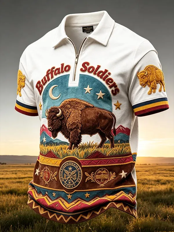 Men's Mountain Moon Star Buffalo Ethnic Geometric Art Print Half Zip Polo Shirt