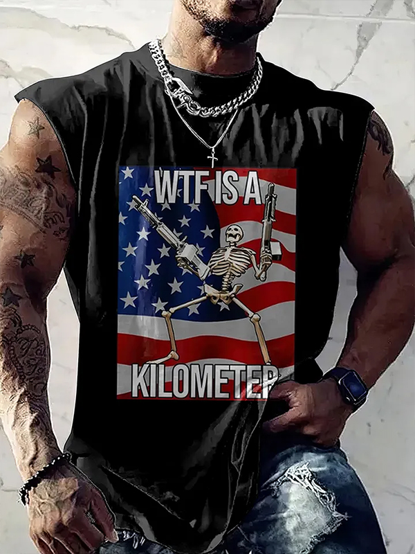 Men's Wtf Is A Kilometer Skull American Flag Print Tank Top