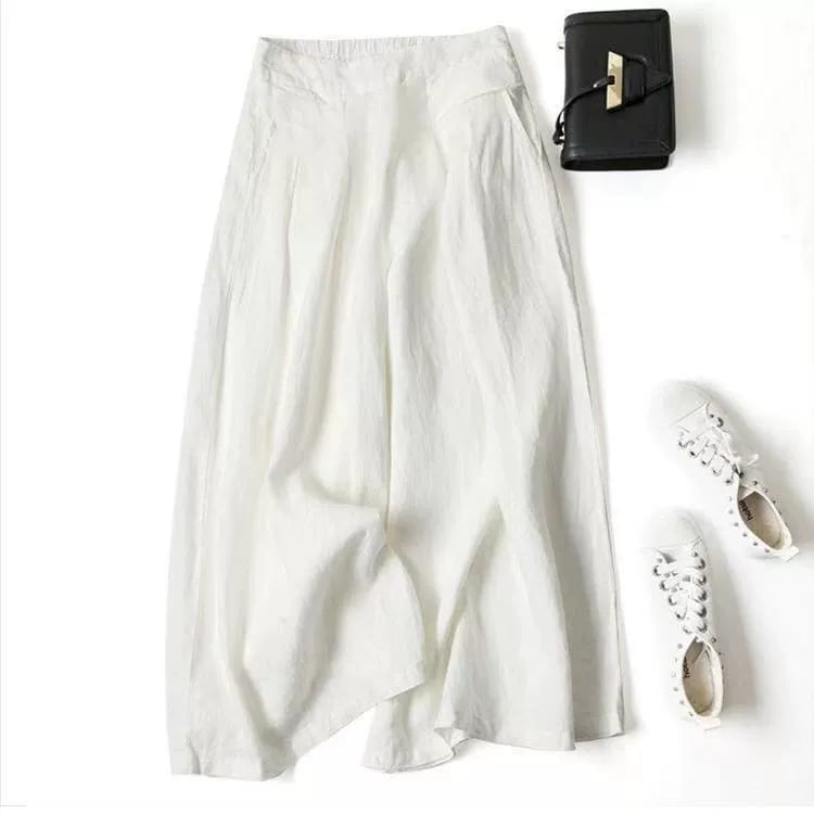 Women's Cotton Linen Culottes Pants Elastic Waist Wide Leg Palazzo Trousers Capri Pants with Pockets