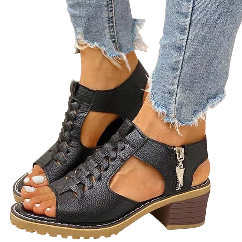 Grishay Women's Peep Toe Cutout Zipper Chunky Heeled Sandals