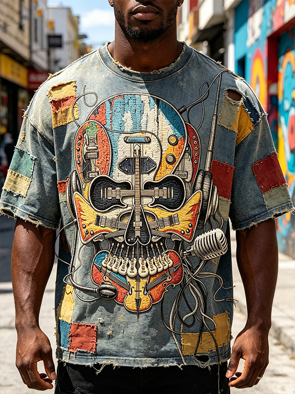 Men's Retro Skeleton Music Art Print T-Shirt