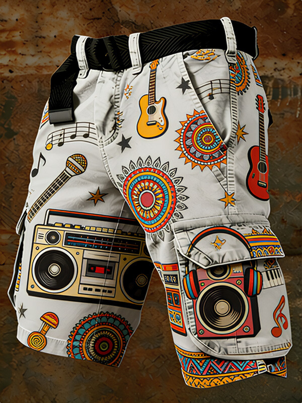 Men's Retro Guitar Boombox Microphone Hippie Print Denim-Like Cargo Shorts