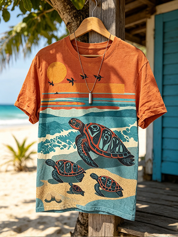 Men's Vintage Sea Turtle Beach Sunset Ocean Print T-Shirt