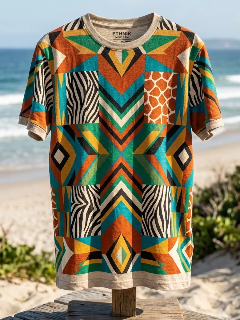 Men's African Ethnic Geometric Zebra Giraffe Patchwork Art Print T-Shirt