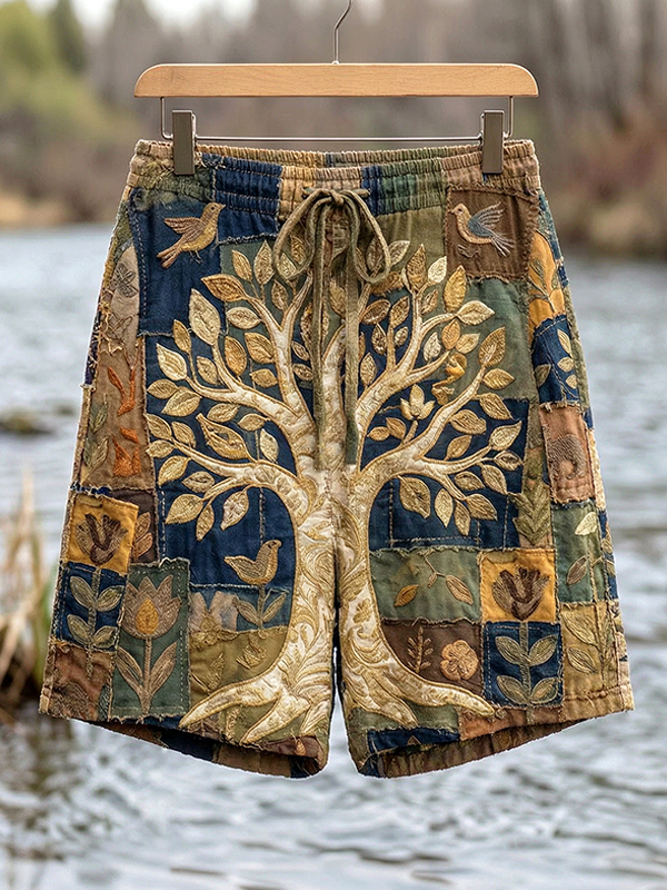 Men's Tree Of Life Bird Boho Art Colorblock Print Casual Shorts