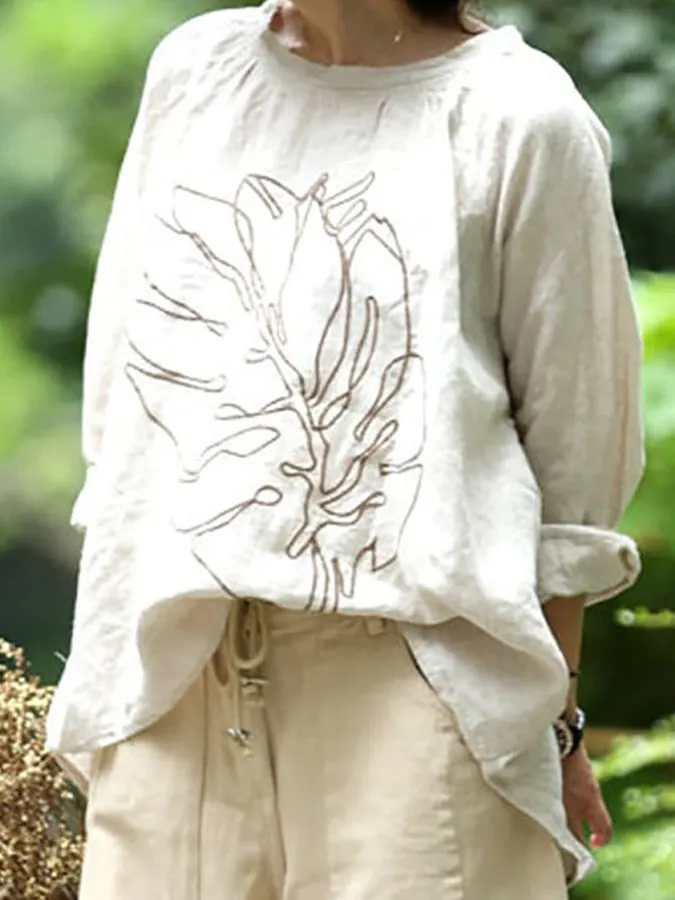 Women's Spring Solid Color Cotton Linen Loose Long Sleeve Top