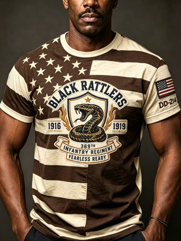 Men's Black Rattlers Infantry Regiment American Flag Print T-Shirt