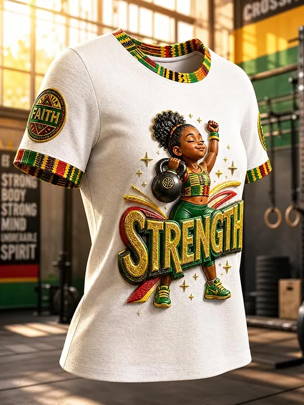 Women's Strength Afrocentric Girl Lifting Kettlebell Print Casual T-Shirt