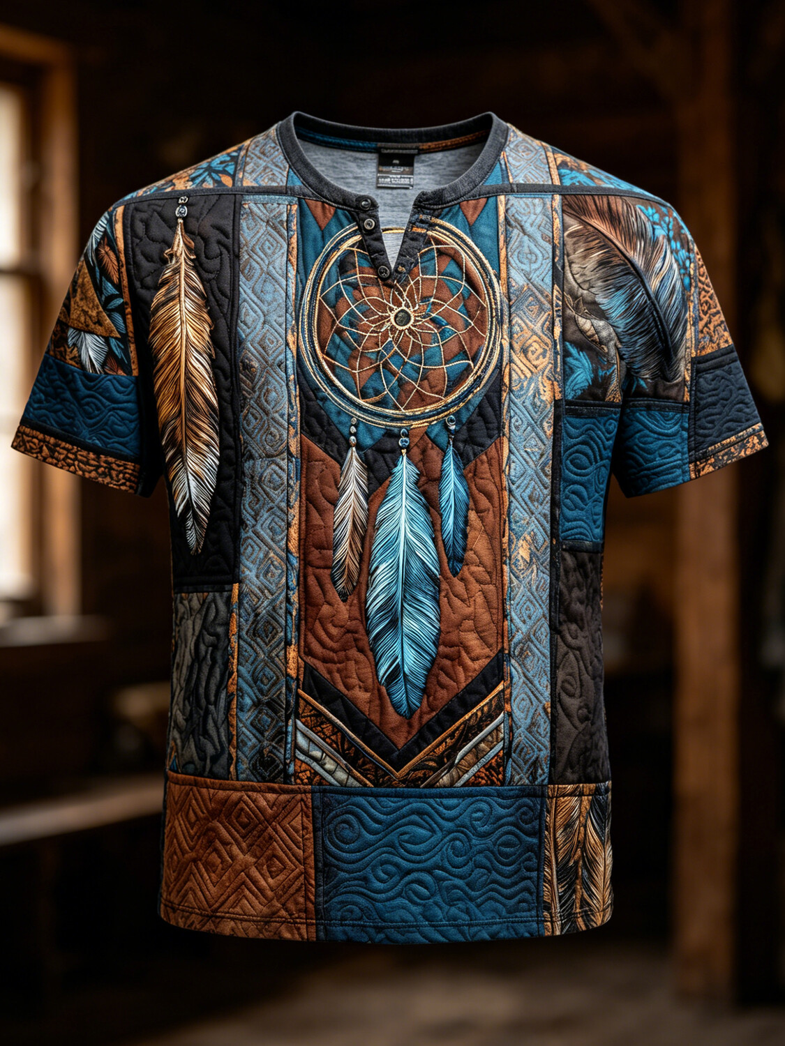 Men's Indian Native American Dreamcatcher Feather Print Half Button Henley T-Shirt