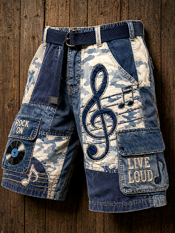 Men's Patchwork Camo Live Loud Print Cargo Shorts