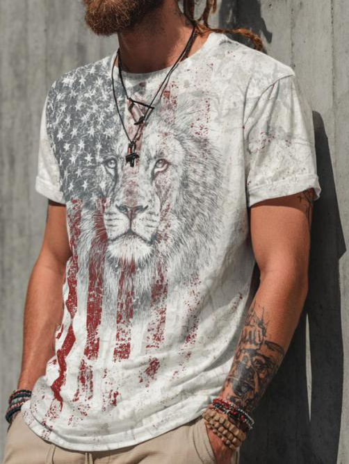 Men's American Flag Lion Print Casual T-Shirt