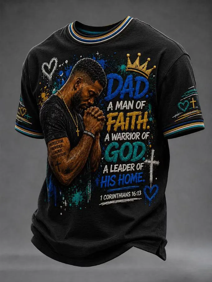 Men's Praying Dad Crown Cross Heart Faith God Splash Paint Print T-Shirt