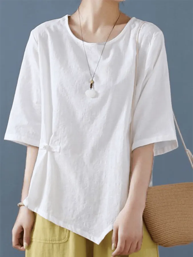 Women's Cotton Vintage Jacquard Frog Button Half Sleeve Casual Round Neck Shirt