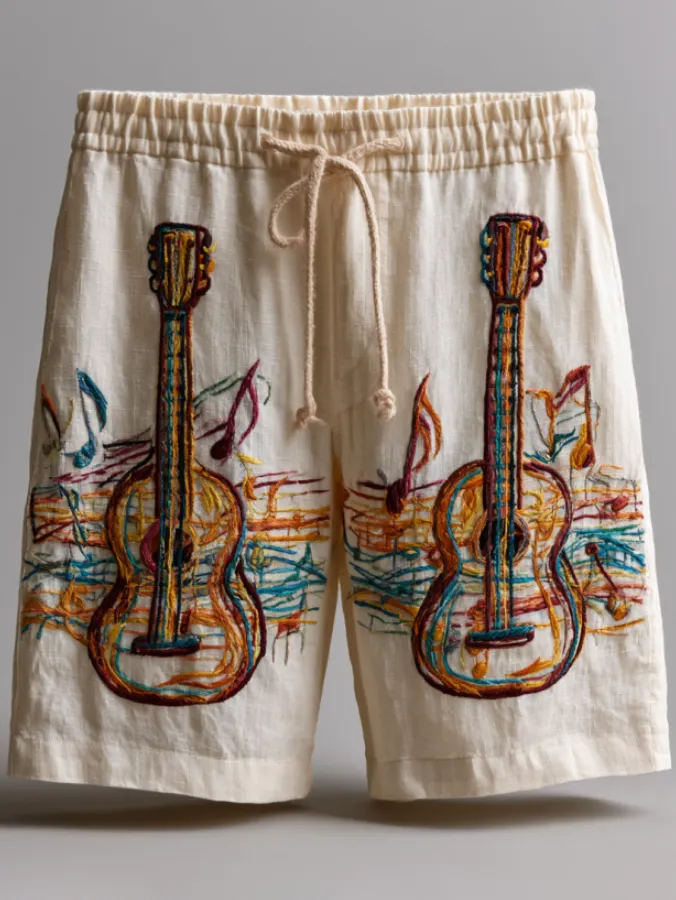 Men's Fun Guitar Music And Hippie Art Print Casual Shorts