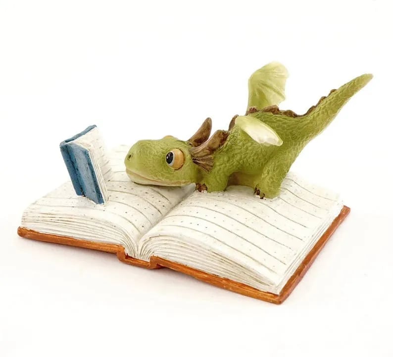 Miniature Green Dragon Reading on Giant Book Figurine