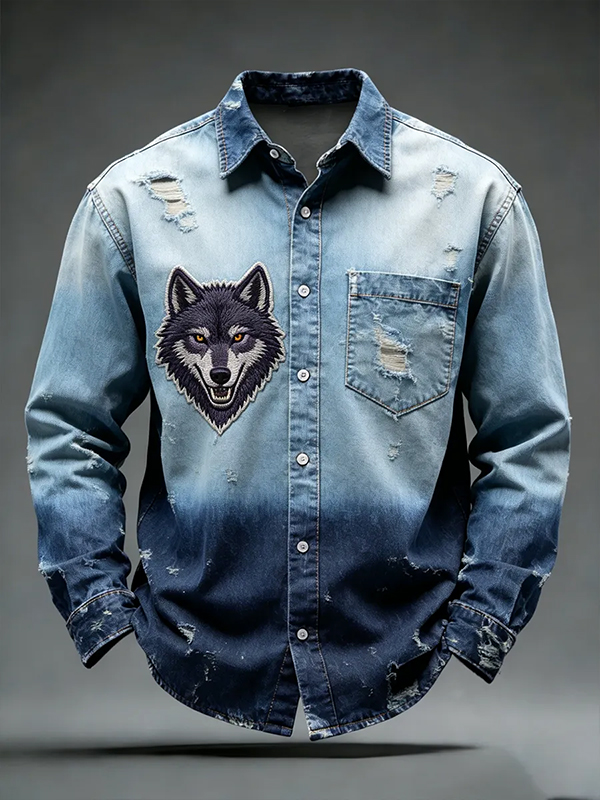 Men's Wild Wolf Ombre Art Print Long Sleeve Shirt