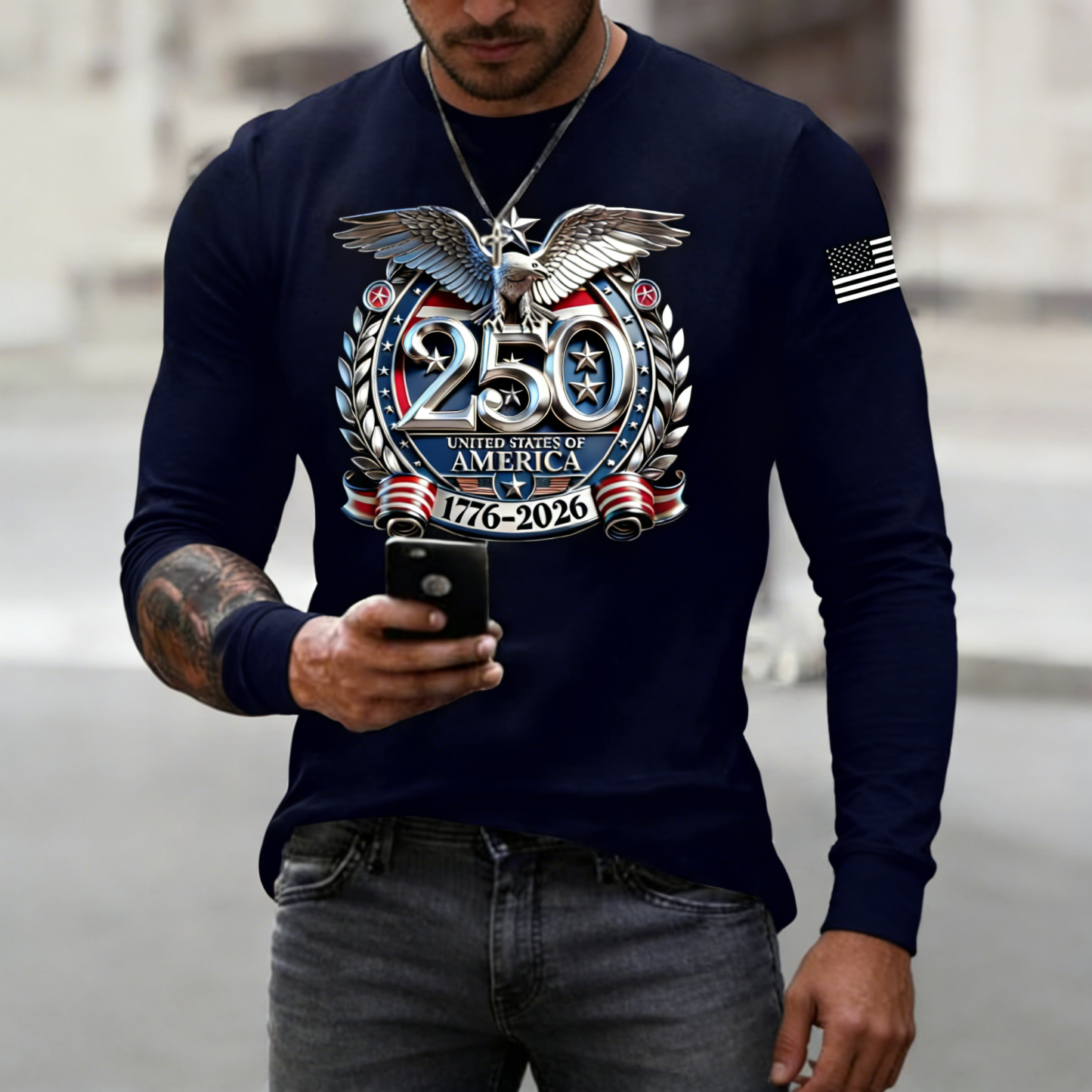 Men's USA 250th Anniversary Patriotic T-Shirt | Embroidered Bald Eagle American Flag Short Sleeve Tee