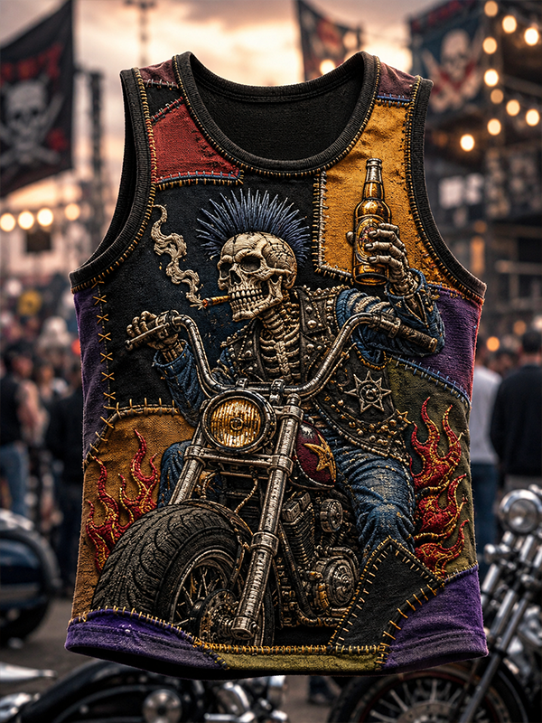 Men's Patchwork Punk Skeleton Biker Motorcycle Art Print Tank Top