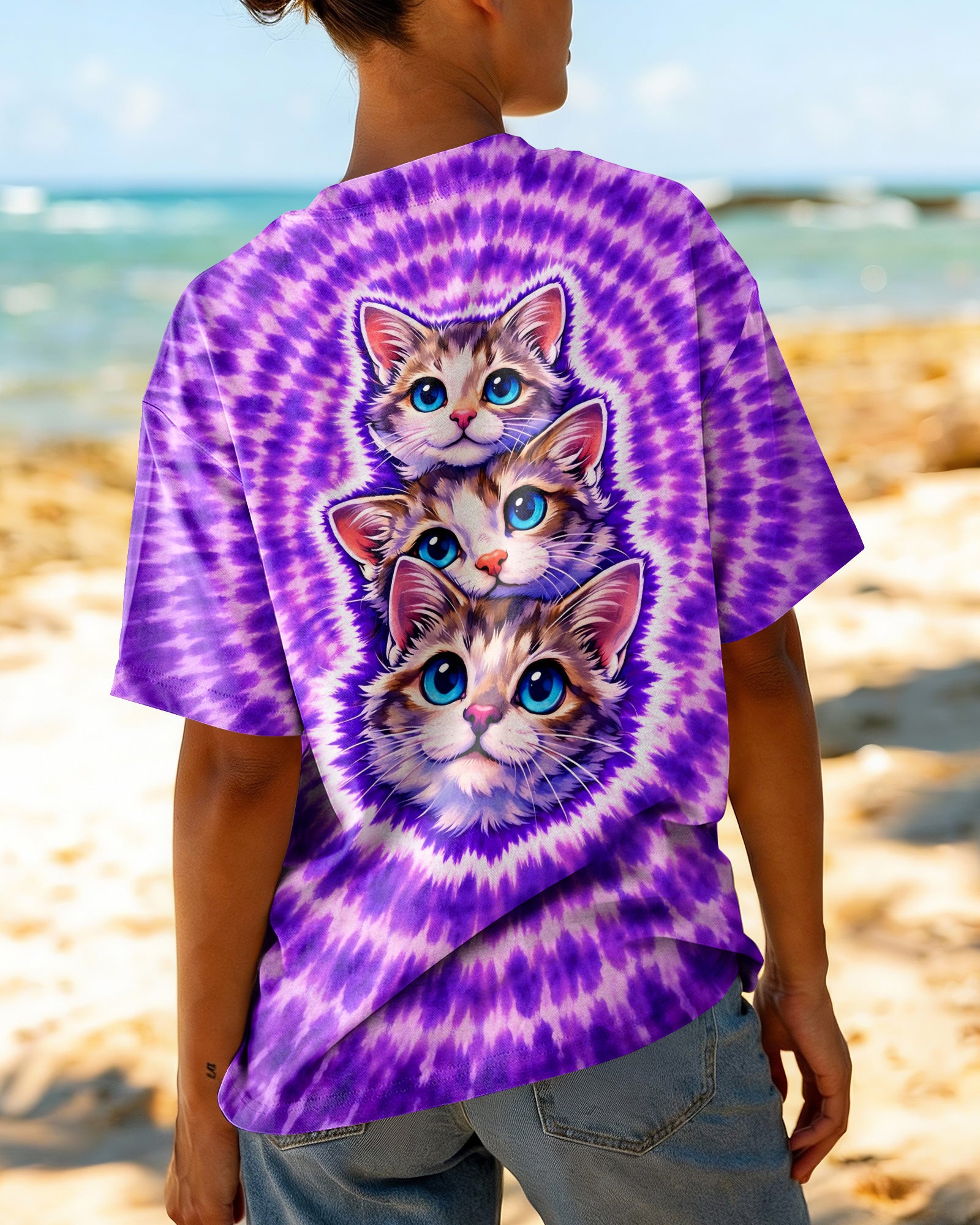 THREE CAT FACE PURPLE SWIRL ALL OVER PRINT - TLHG1703263