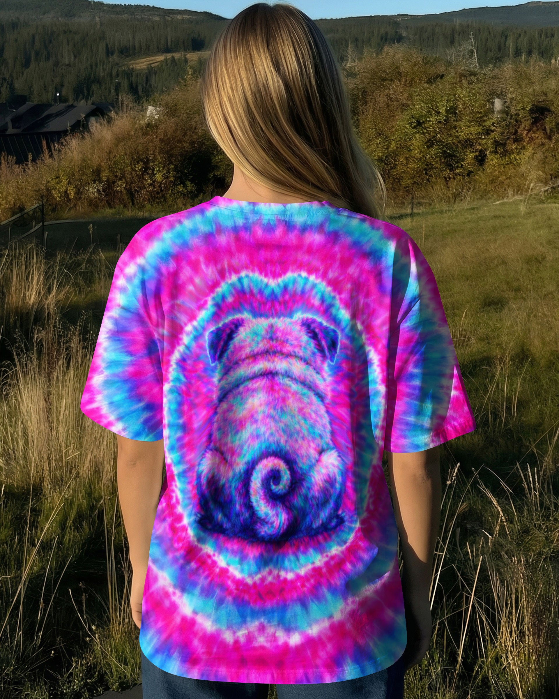 PUG DOG PINK & CYAN SWIRL ALL OVER PRINT - TLTW2502262