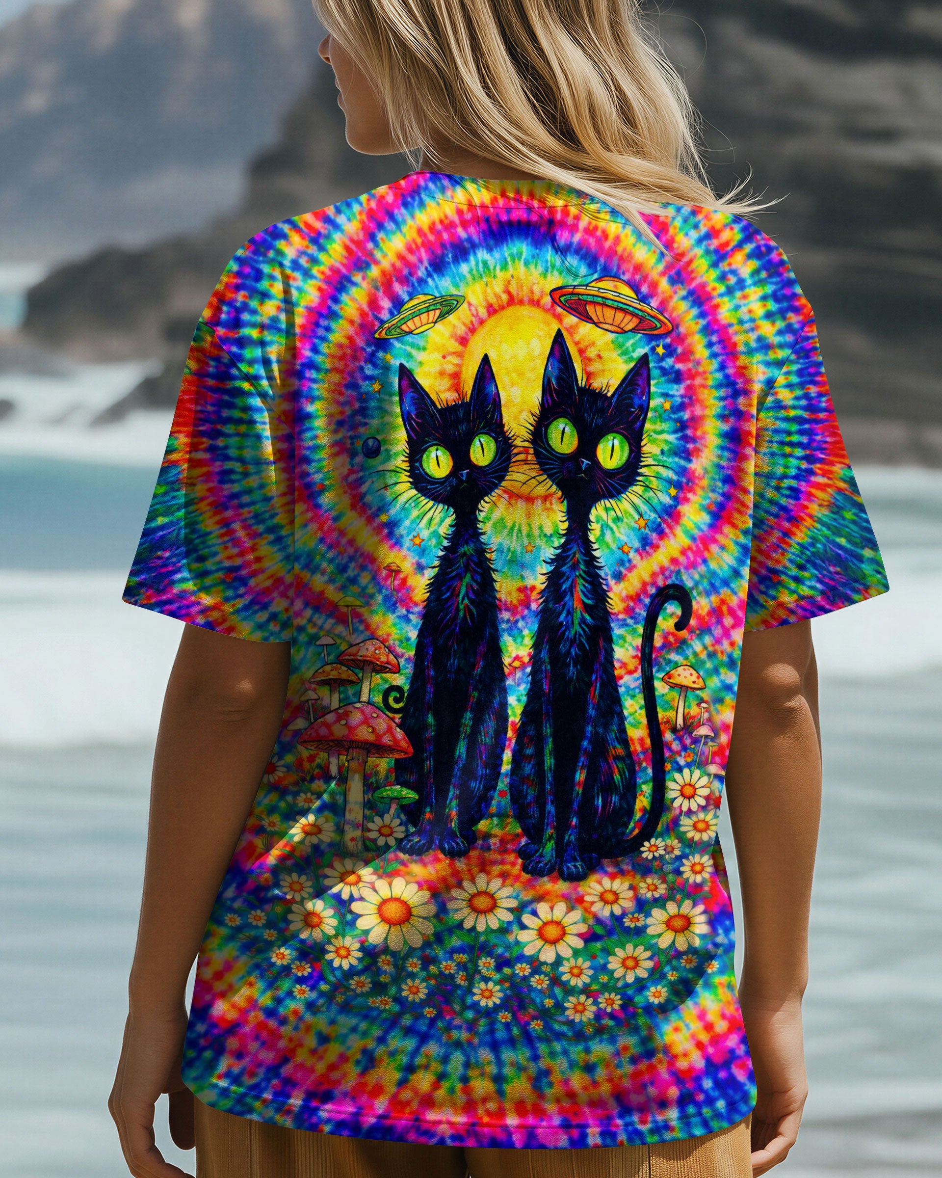PSYCHEDELIC BLACK CAT COLORFUL SWIRL ALL OVER PRINT - TLTW2801262