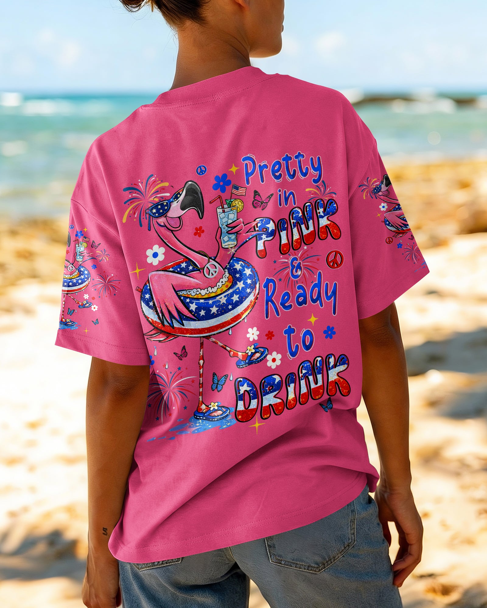 PRETTY IN PINK FLAMINGO RED WHITE & BLUE ALL OVER PRINT  - TLHN2503263