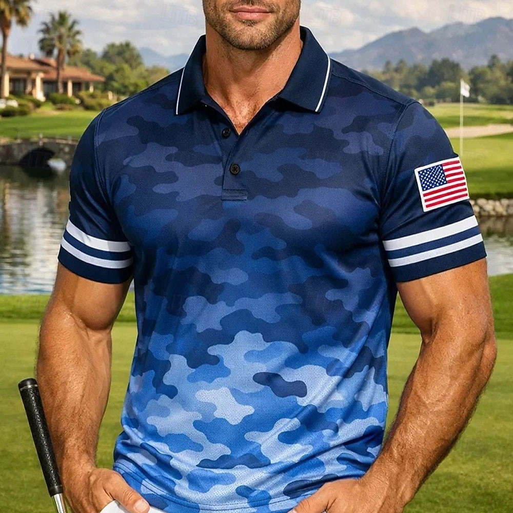 4th of July 2026 250th Men's Camouflage Golf Sports Polo Shirts Short Sleeve Polo Shirts Collared Shirts Casual Athleisure Buttons Summer Spring Blue