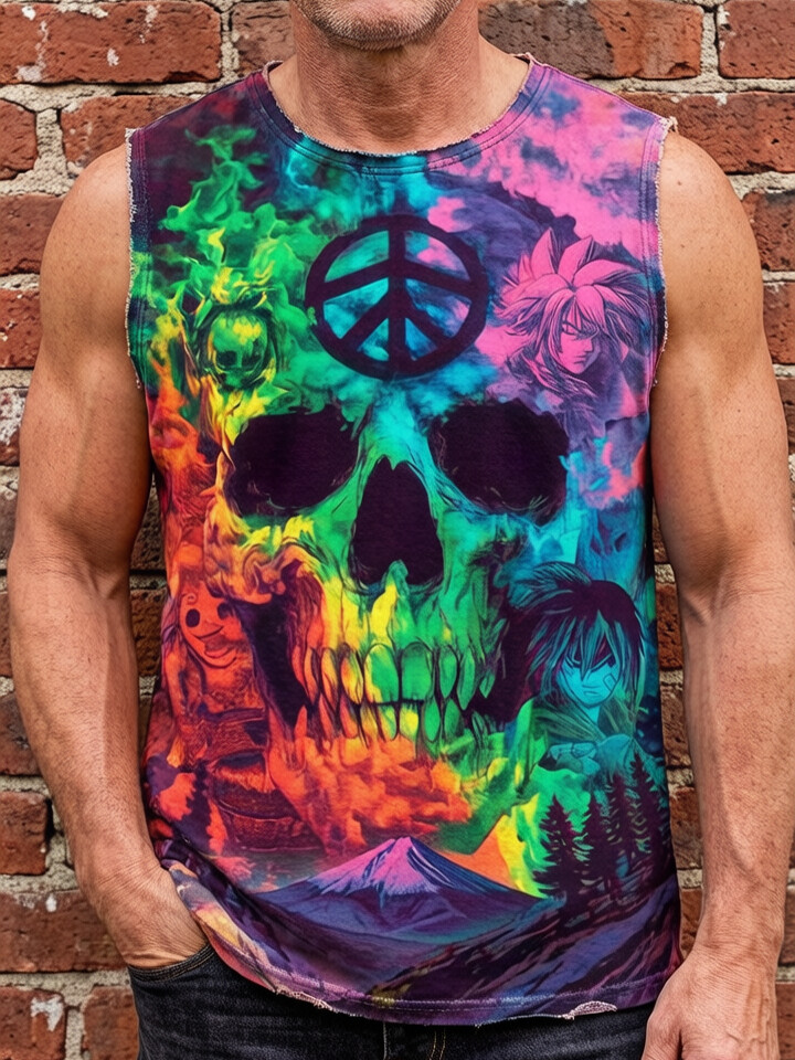 Men's Tie Dye Skull Peace Sign Anime Character Mountain Art Print Tank Top