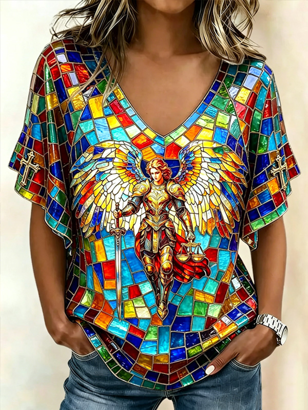 Women's Stained Glass Style Colorblock Angel Print Casual V Neck T-Shirt