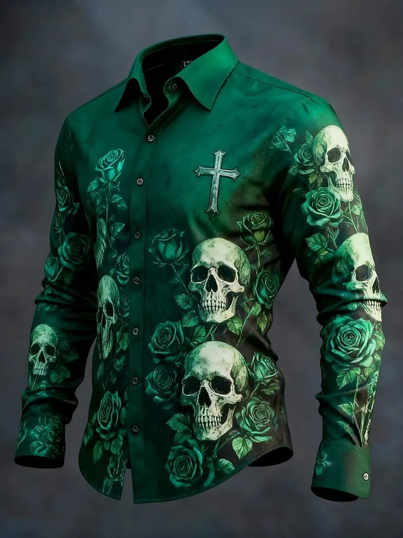 Men's Skull And Rose Cross Print Long Sleeve Shirt
