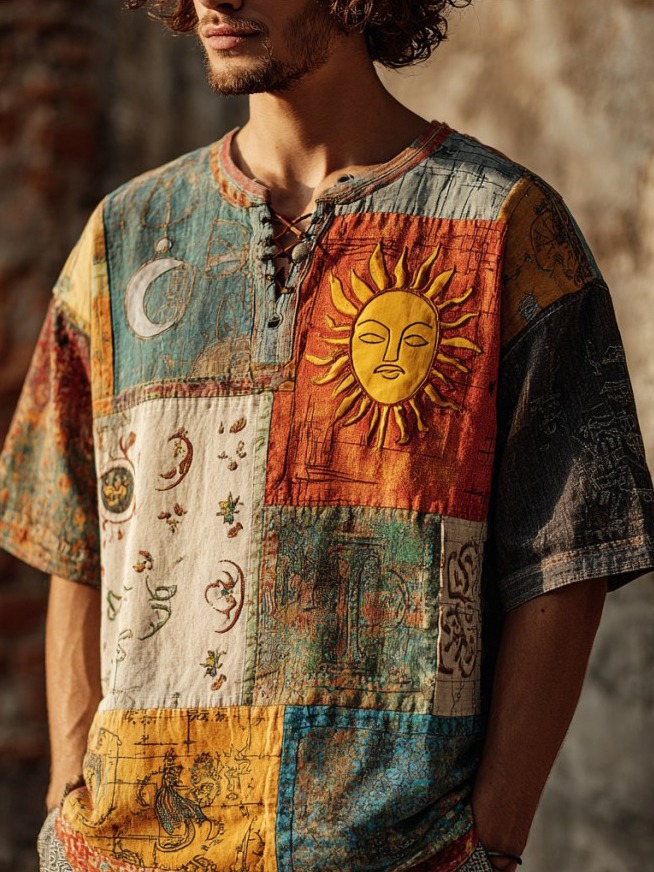 Men's Sun Moon Star Patchwork Boho Print V Neck T-Shirt
