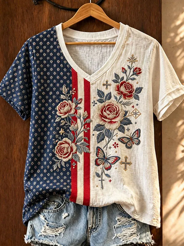 Women's Independence Day Roses And Butterflies Print V Neck T-Shirt