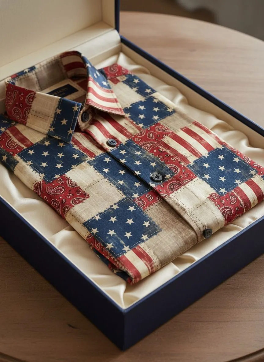 Men's Vintage American Flag Paisley Patchwork Art Print Long Sleeve Shirt