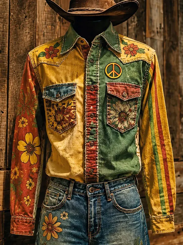 Men's Peace Hippie Floral Striped Color Block Print Long Sleeve Shirt